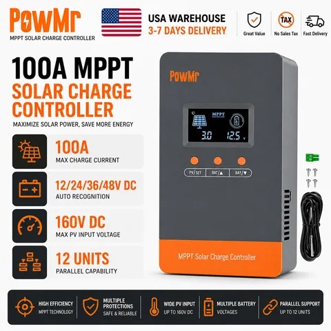 PowMr 100A MPPT Solar Charge Controller Compatible With 12/24/36/48V Lead Acid LiFePO4 Lithium Battery Max PV 160V Solar Panel Input Overvoltage Overload Protection Regulator 99.9% Tracking Efficiency Can Parallel 12 Units