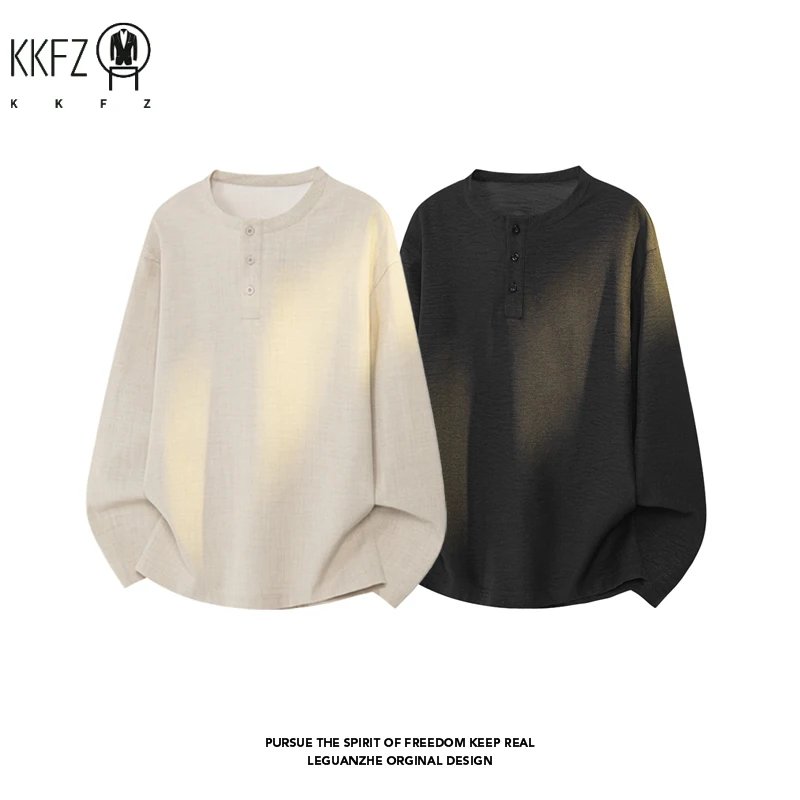 Mens Relaxed Henley Shirt Crew Collar Half Button Long Sleeve Textured Material Loose Streetwear Pullover - view 5