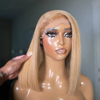 ราคาถูก 27 #   น้ําผึ้งสีบลอนด์ลูกไม้ด้านหน้าวิกผม 13x4 ลูกไม้ด้านหน้า 100% ผมมนุษย์WigsกระดูกตรงLolitaตัดBobบราซิลWigsขาย