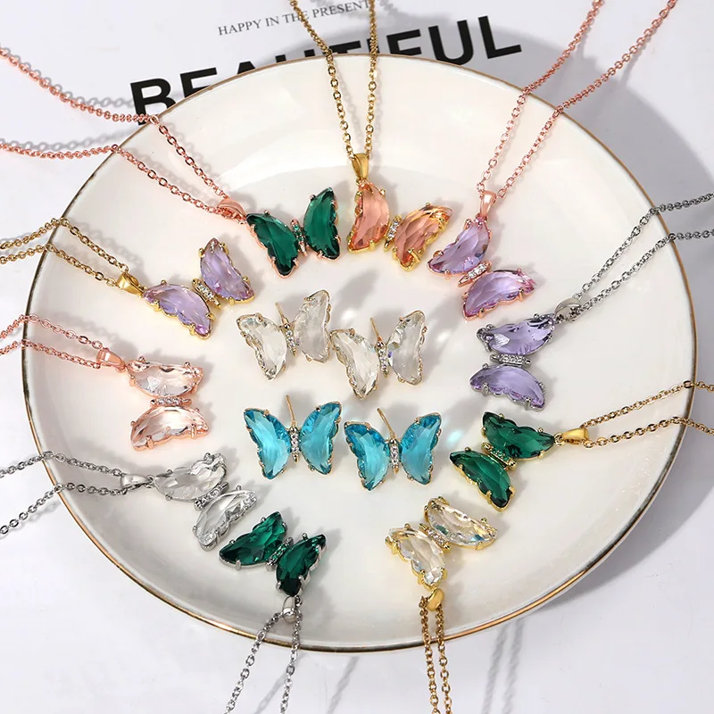 

Titanium steel sweet slanted crystal butterfly necklace. Girl, it's your fault for being too beautiful