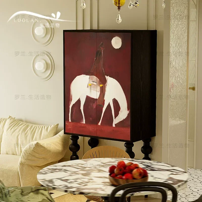 Retro Red Knight Solid Wood Tall Cabinet Living Room Porch Storage Decorative Cabinet Bedroom Bedside Storage Cabinet