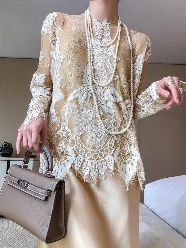 Elegant Long Sleeve Lace Shirt Women's Romantical Hollow out Top Sexy Cover up Soft And Elegant Atmosphere Shirt