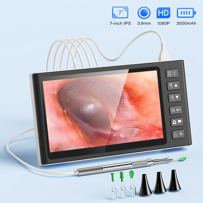 7'' IPS Screen Ear Scope Ultra-Thin 3.9mm Otoscope Camera 1080P HD Detachable Design for Ear Cleaning Ear Wax Removal