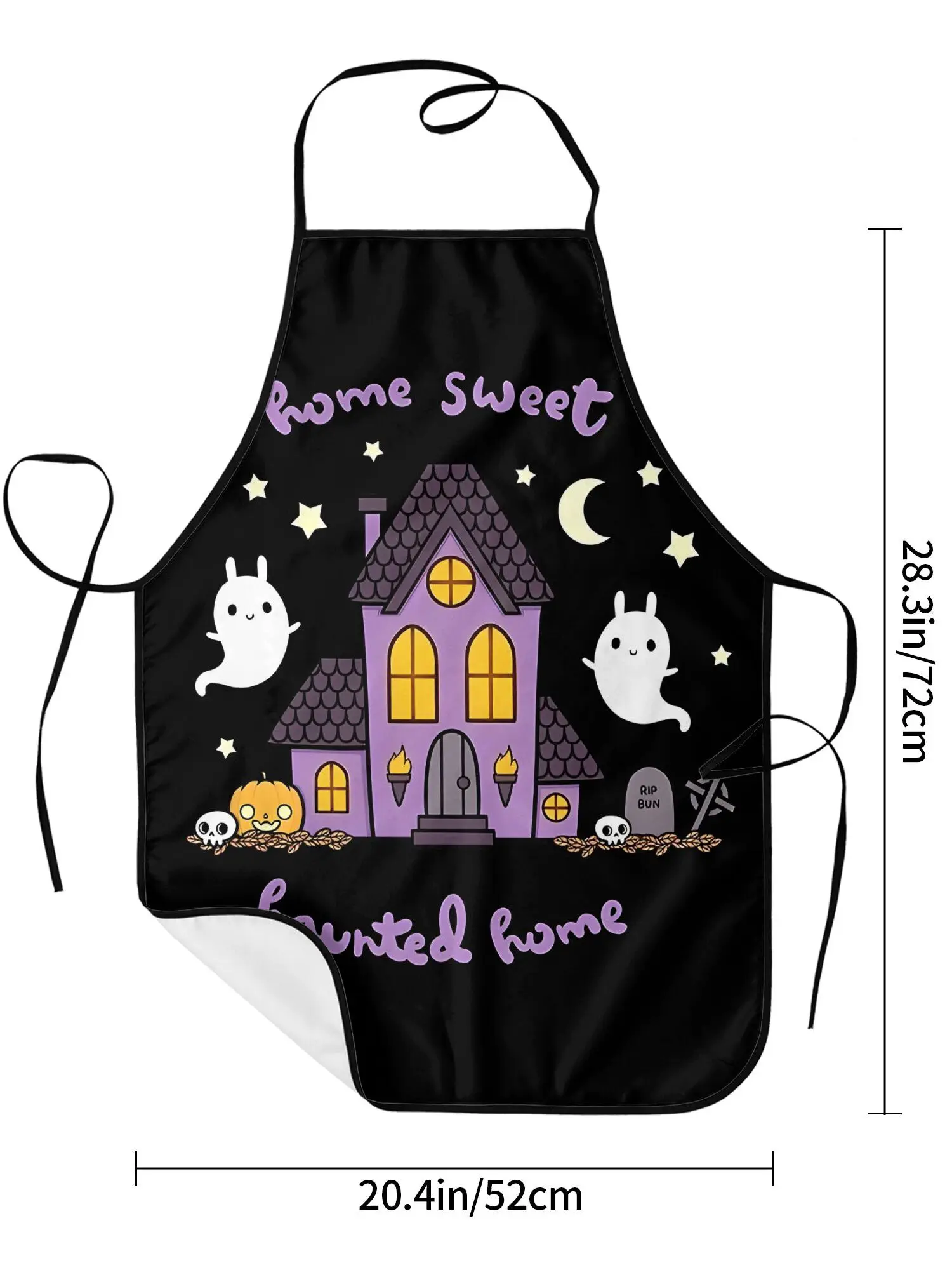 Home Sweet Home Halloween Apron Vintage Style Woven Fabric with Playful Ghost Witch and Haunted House Print Halloween