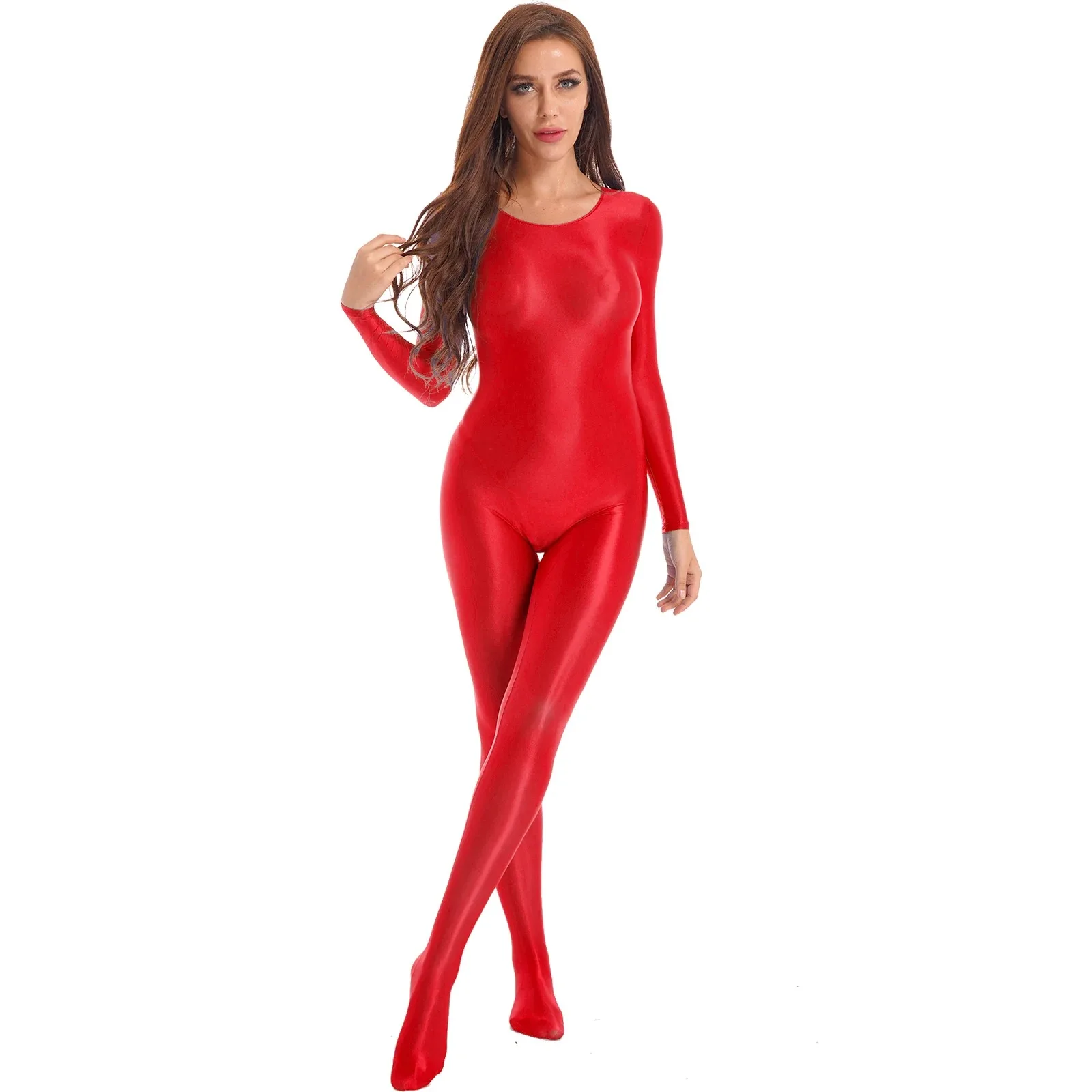 Women's Sexy Jumpsuits Long Sleeves Shapping Bodysuit Tight Elastic Oil Glossy Candy Color Unisex Leotard Exotic Club Clothing