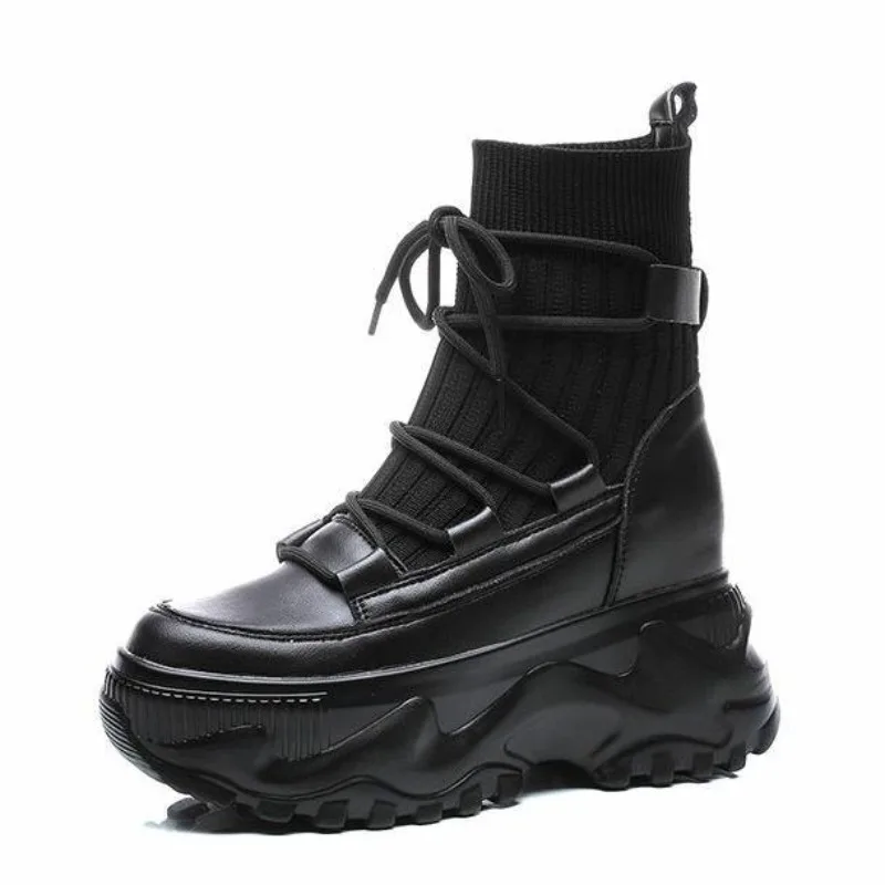 

8cm Microfiber Spring Platform Wedge British Boots Knittes Cloth Streth Fabric Leather Ankle Knee High Autumn Women Shoes