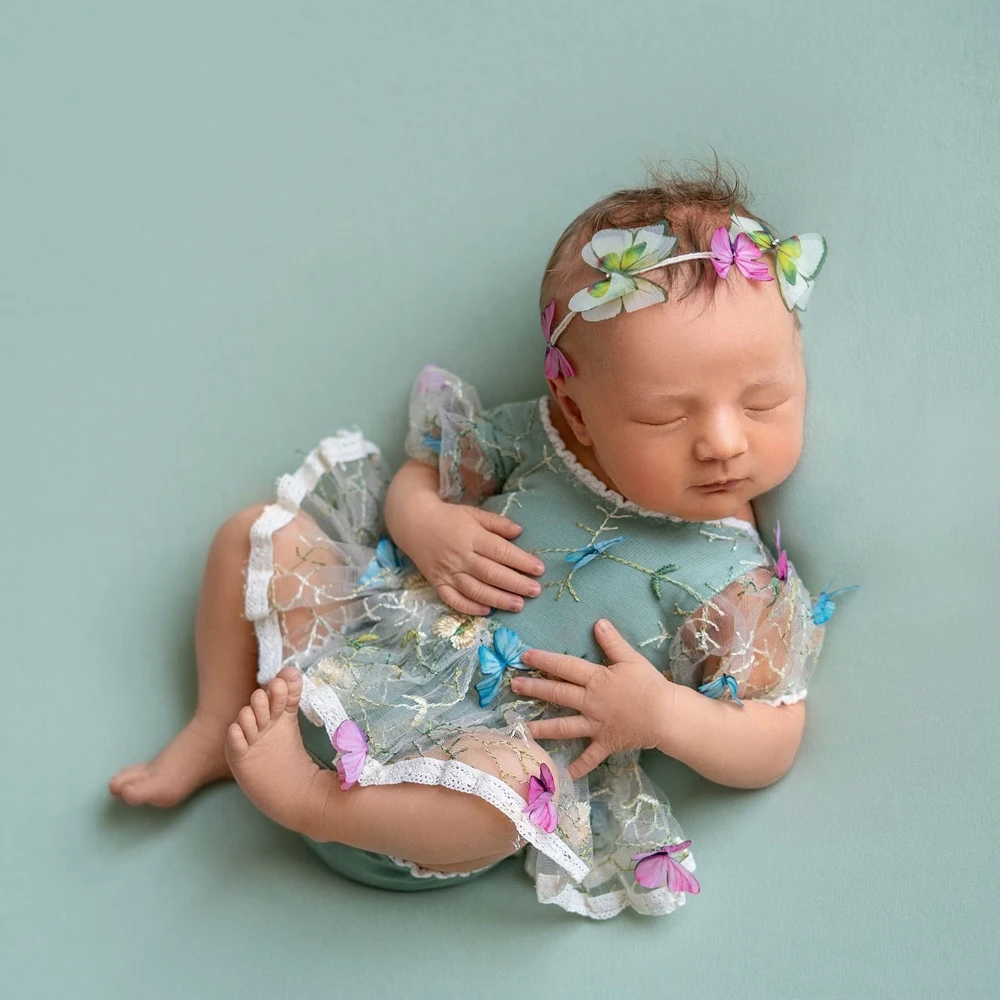 Newborn Photography Props Lace Romper Dress Baby Girl Photoshoot Outfit Studio Accessories Princess Tulle Gown Embroidery