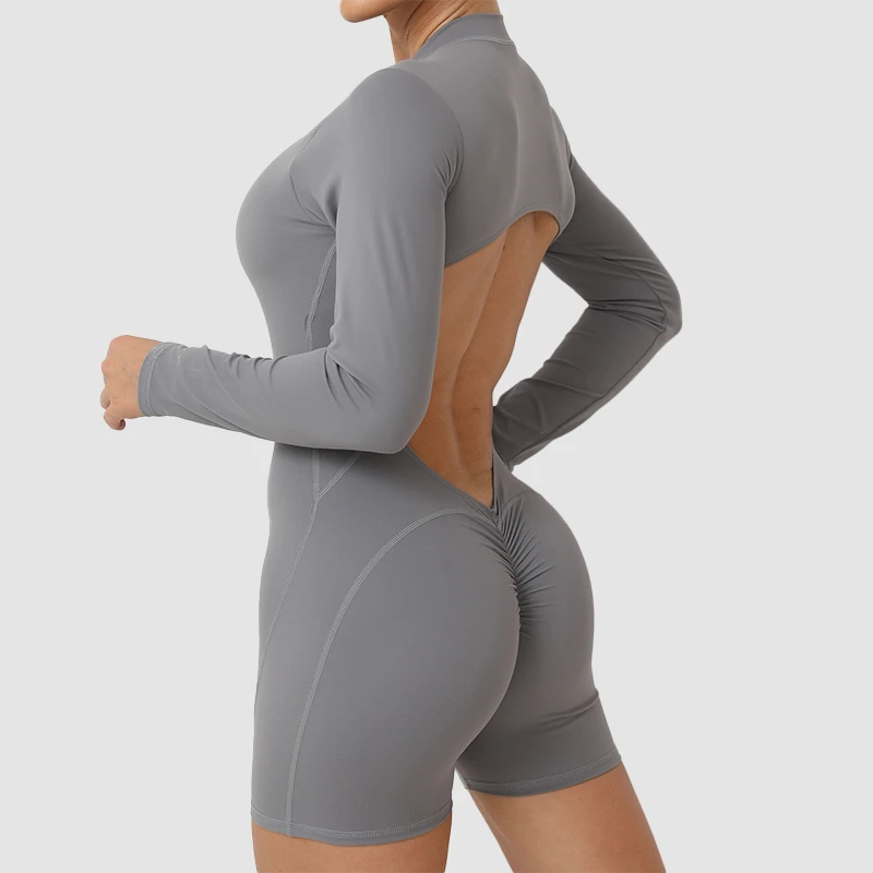 V Back Scrunch One-Piece Suit Push Up Sports Jumpsuit Woman Fitness Zipper Overalls Workout Rompers Women Gym Bodysuits Female