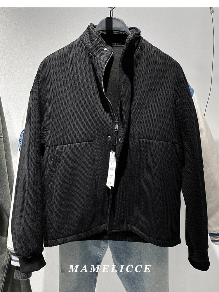 MAMELICCE Original design Knit ribbed fabric structure loose stand collar jacket short tops Men's clothing