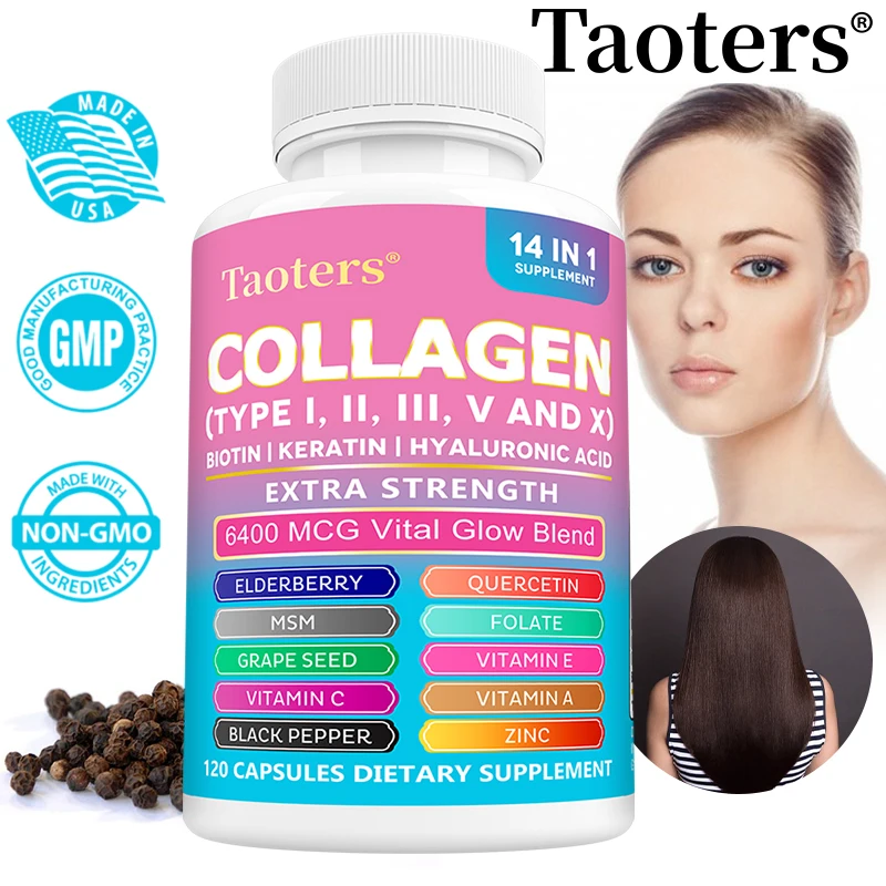 

Коллаген типов I, II, III, V и X - Биотин, гиалуроновая кислота - для поддержки кожи, волос, ногтей и суставов, 120 капсул