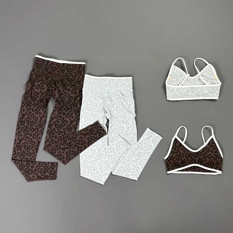 2 Pcs Fitness Sets Women Leopard Print Contrast Edge Removable Pad Bra Breathable Squat Proof Pants Suit Sports Workout Set