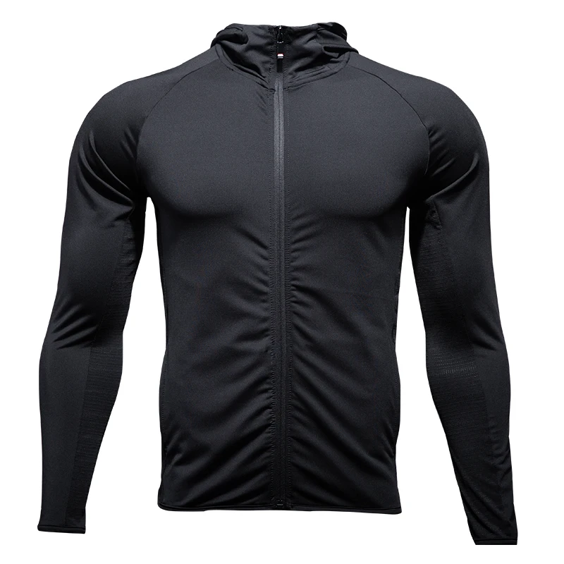 Men\'s Running Training Hoodies Elastic Breathable Hoody Zipper Up Quick Dry Hooded Man Workout Fitness Sportwear Gym Cloth Black