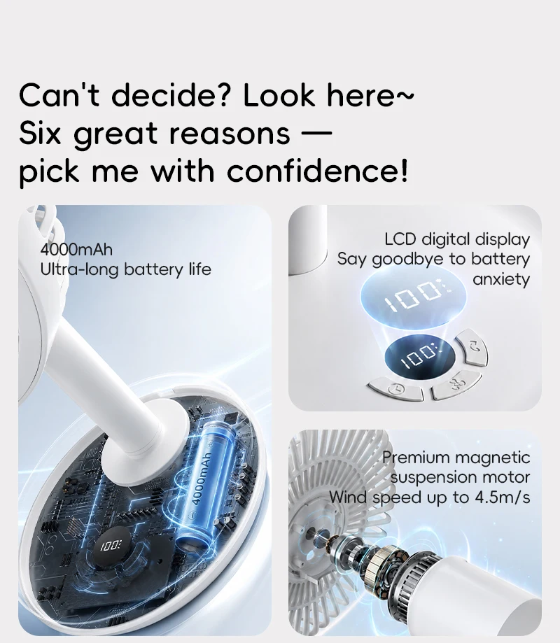 BLDC Oscillating Desktop Fan 4000mAh 5 Wind Speeds Silent Portable Rechargeable Fan with Timing Function for Home Room Gift