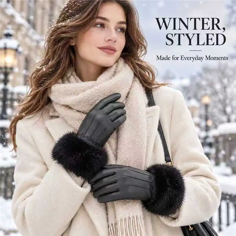 Fleece Lined Women PU Touchscreen Gloves With Faux Mink Fur Cuff,Full Finger Winter Gloves For Driving & Cold Outdoor Activities