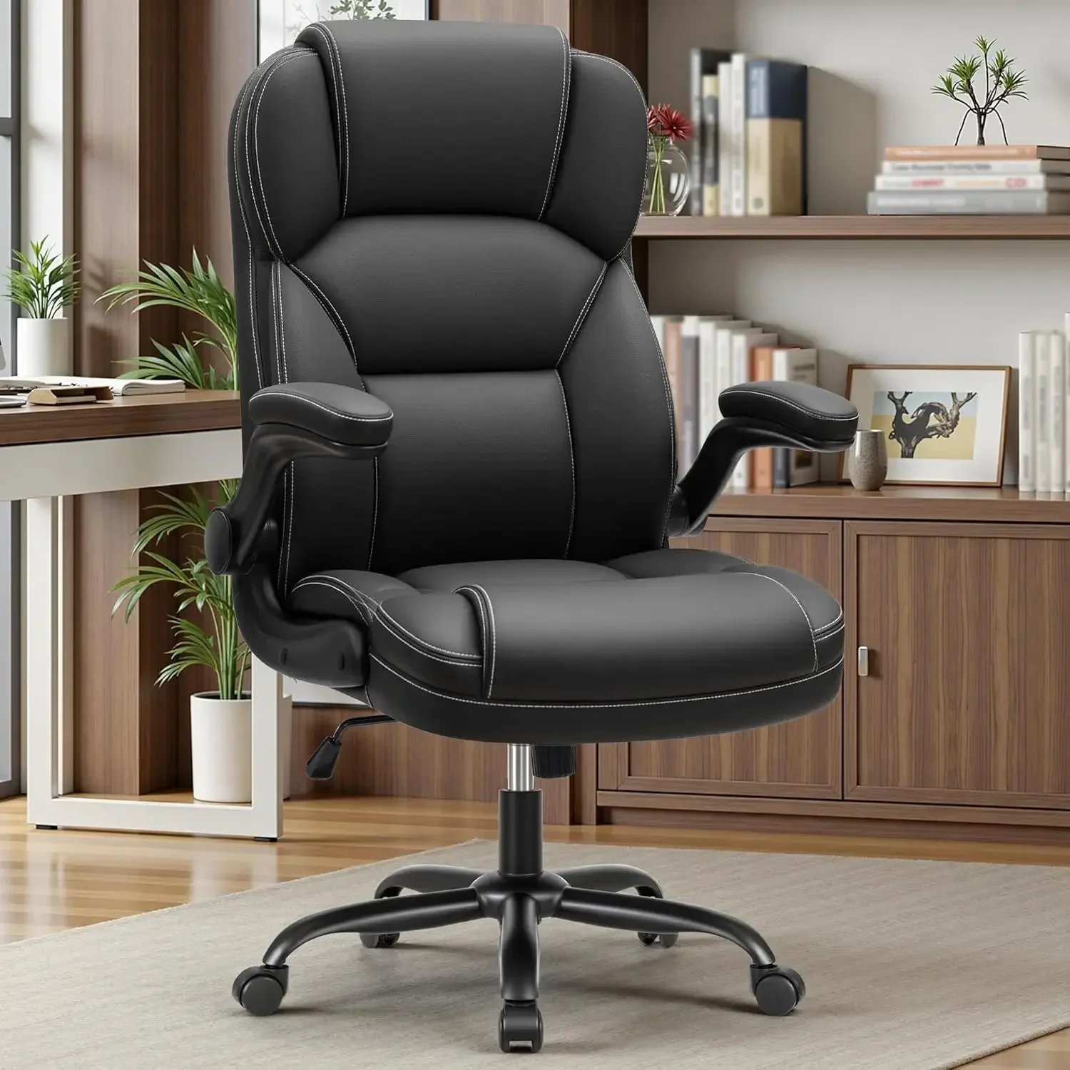 PU Leather Executive Office Chair, Ergonomic High-Back Computer & Gaming Chair with Adjustable Height, Rolling Swivel & Flip-Up