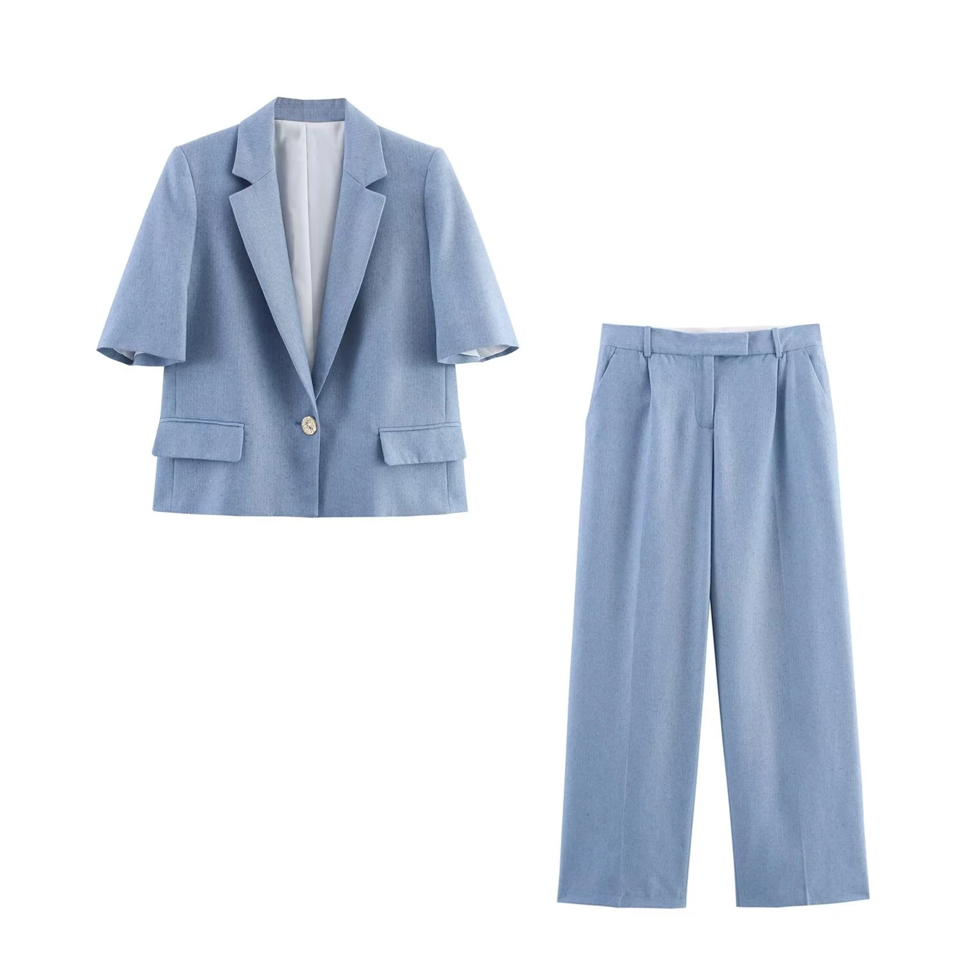 

Women's trousers suits short short-sleeved lapel design suit jacket and high-waist loose pleated straight pants simple and atmos