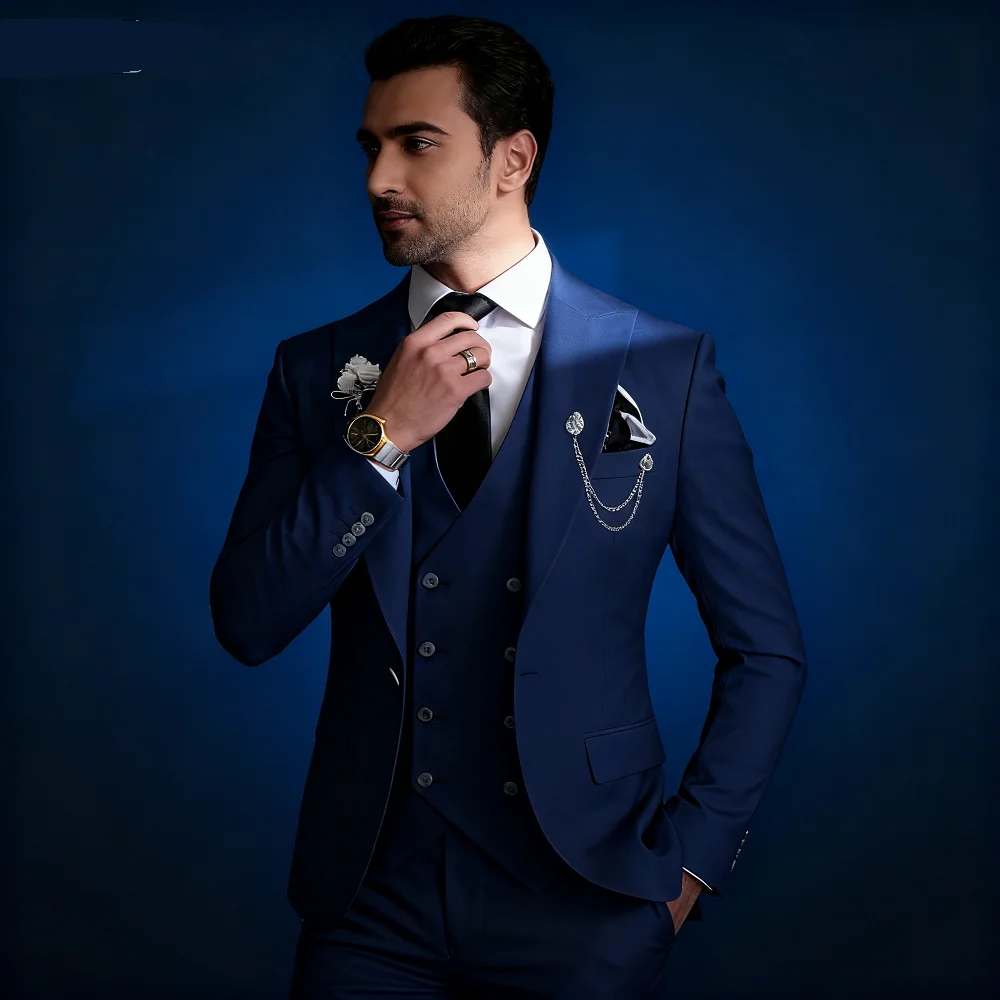 

Elegant Rose Red 3-Piece Slim Fit Men's Suit Double Breasted Blazer Vest Pants Set for Wedding Groom Tuxedo Business Party