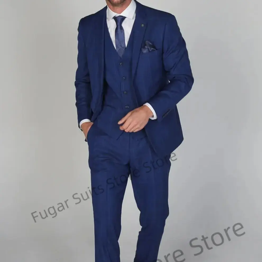 

Business Navy Blue Plaid Wedding Men Suits Slim Fit Notched Lapel Groom Tuxedos 3 Pieces Sets Elegant Male Blazer Costume Homme