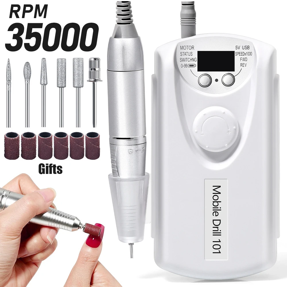 Tragbare Nagelbohrmaschine, 35.000 U/min, wiederaufladbare E-Feile mit Bits-Set zum Entfernen von Acryl-Gel-Polier