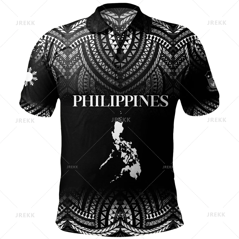 Vintage 3D Philippines Ethnic Tattoo Tribal Patterns Print Polo Shirt For Men Philippines Coat Of Arms Graphic Mens Clothing Top