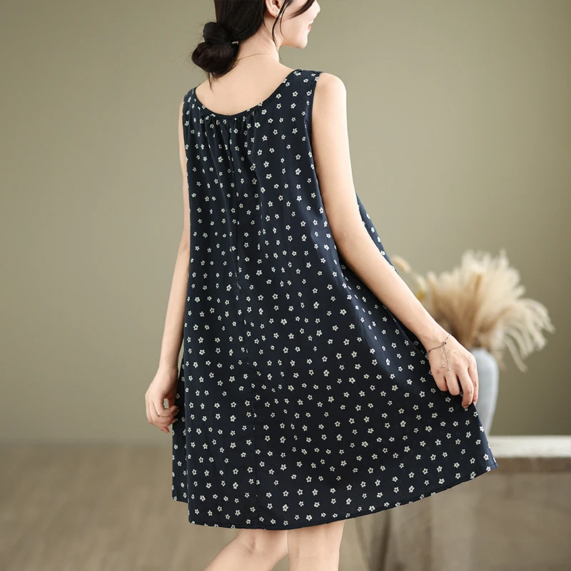 Summer Casual Loose Floral Print Halter Dress Thin Sleeveless Vest Top Midi Skirt Polyester Cotton Blend Women's Outerwear