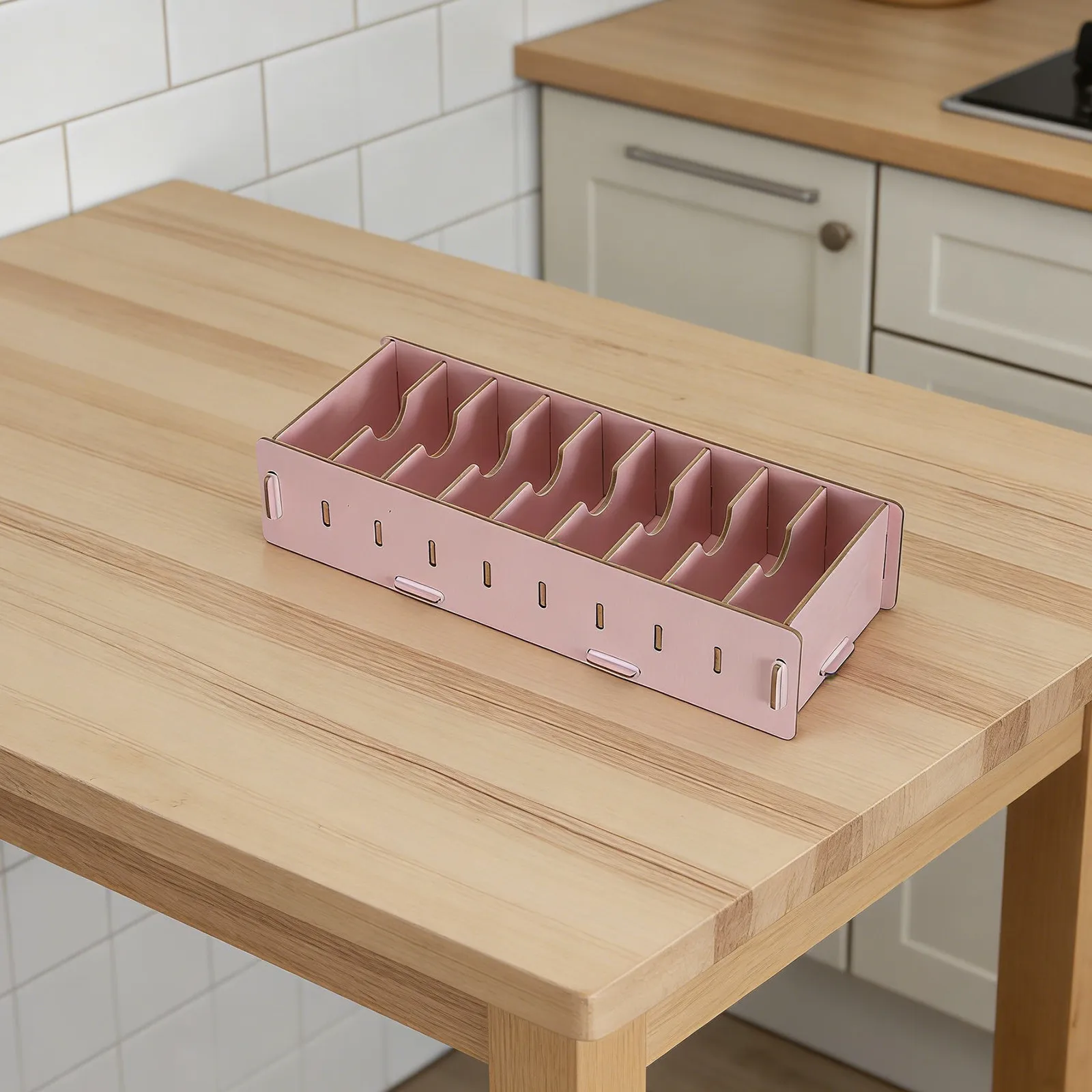 Desktop Pink Wooden Business Card Holder Box Detachable Divider Organizer for Name Flashcards Office Desk Storage Box