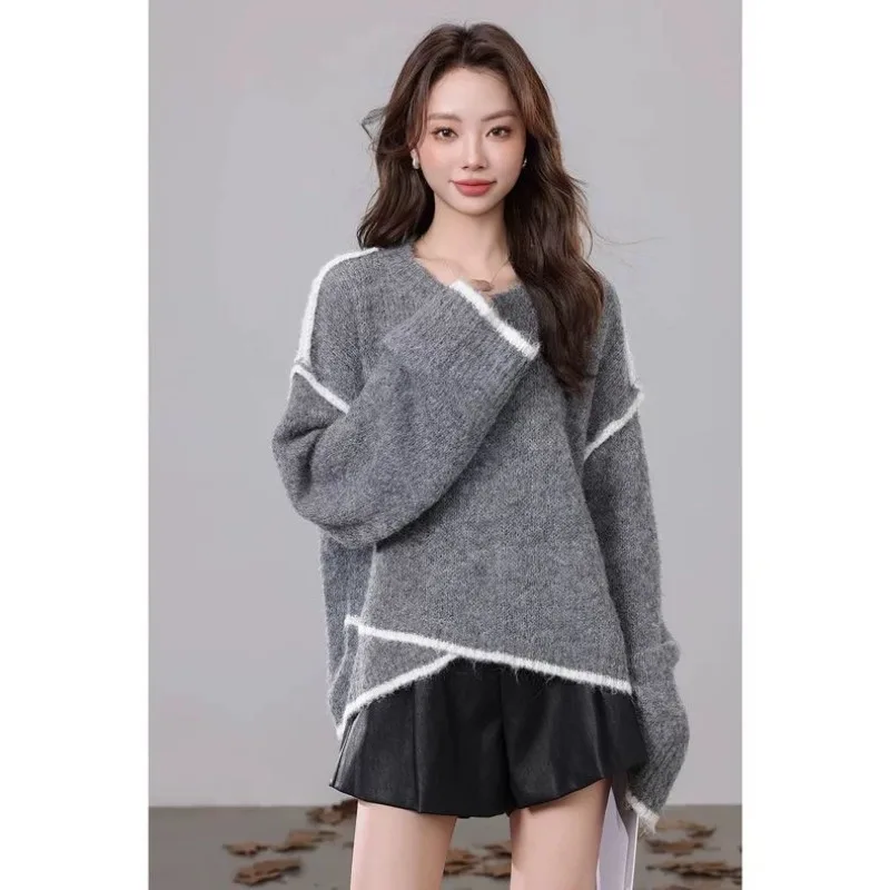 Серый свитер в ленивом стиле 2022, осень и зима, новый стиль, свободный дизайн, свитер нестандартного контрастного цвета, женские модные топы