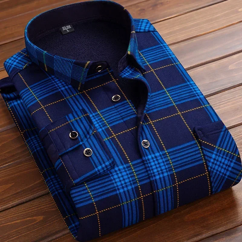 Autumn Winter Men's Fashion Plaid Striped Print Shirts Handsome Men Clothes Long Sleeve Thick Warm Shirts Tops Blouses Male