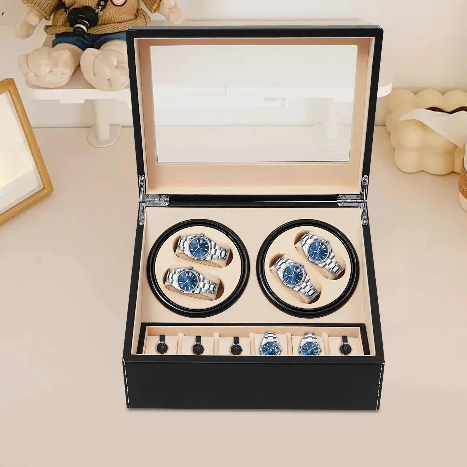 4 + 6 بني/أسود ملفاف ساعة دوران تلقائي تخزين جلدي ساعة عرض صندوق حامل لعرض المتجر ، ديكور المنزل #5