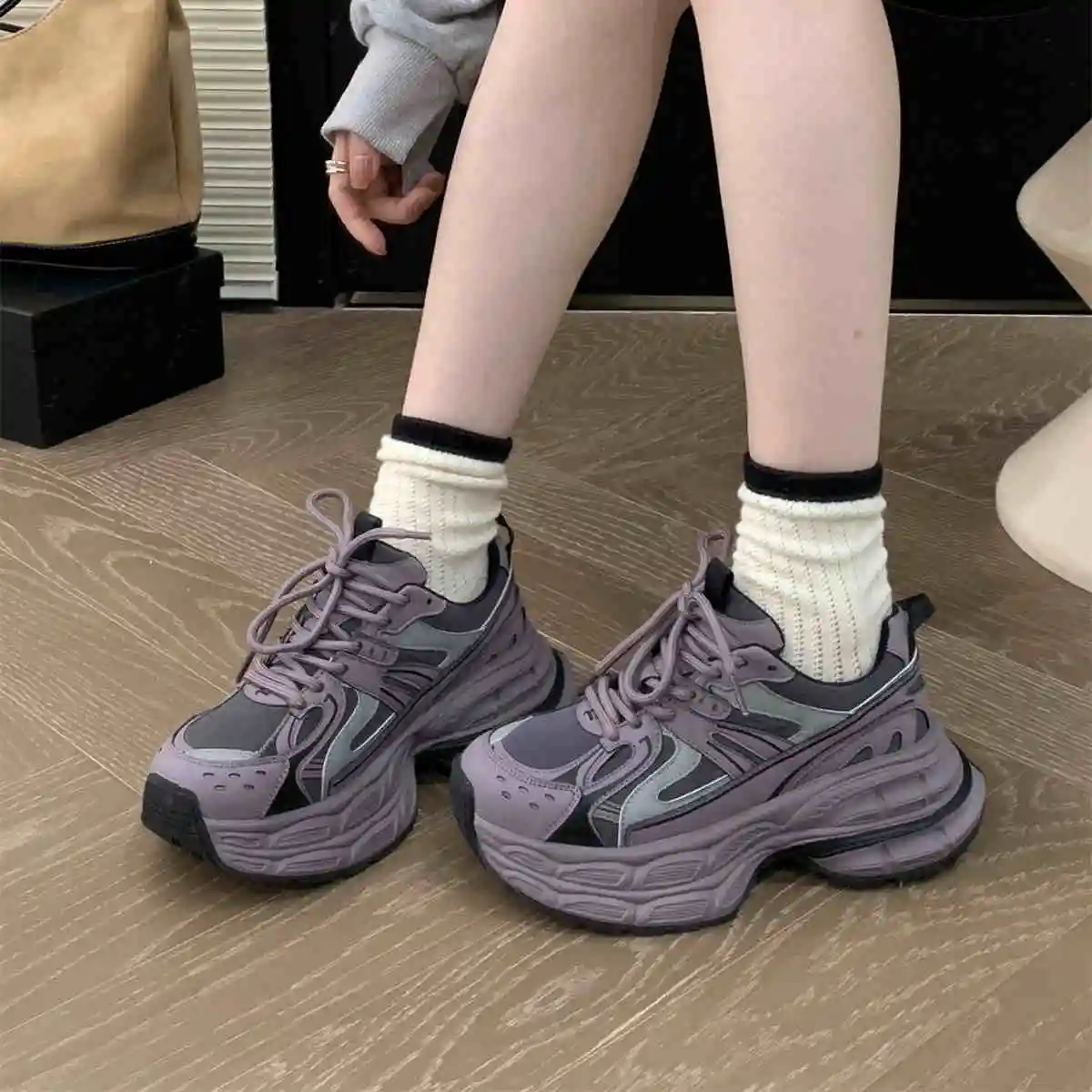 Platform Sneakers Women Patchwork Round Toe Lace-Up Thick Sole Ladies Shoes Chunky Sneakers Women Handmade Running Sport Shoes