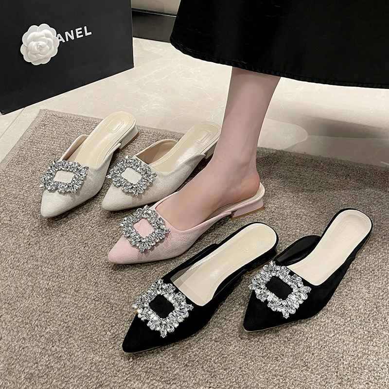 Summer Pointed Toe Women Mules Slippers Fashion Shallow Crystal Decoration Slides Shoes Ladies Casual Outdoor Low Heel Sandals
