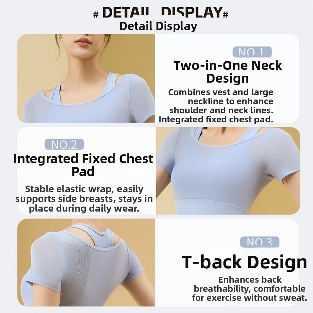 Camicie da yoga da donna a maniche corte Maglia imbottita Abbigliamento sportivo da fitness Traspirante Falso 2 pezzi T-shirt sportive Canottiera da corsa