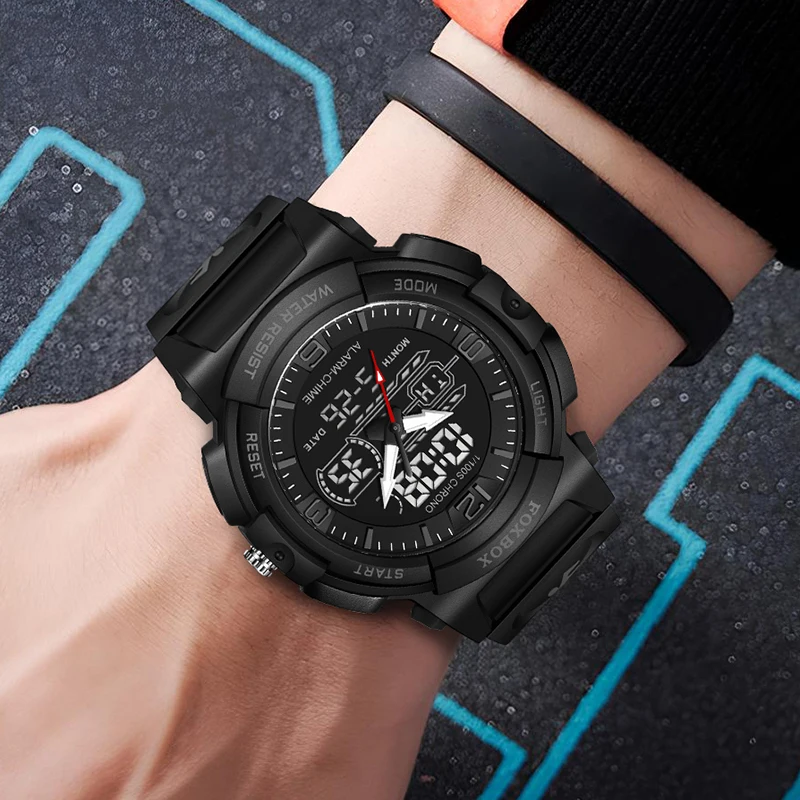 Novo foxbox relógio eletrônico masculino moda à prova dwaterproof água luminosa quartzo alarme semana casual esporte data automática duplo display digital relógios
