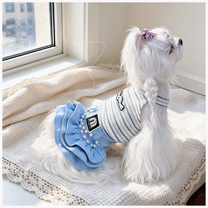 Summer Pet Striped Halter Dress with Pearl Decor Denim Ruffle Dress Breathable Sling Princess Outfit for Pets Daily Wear Clothes