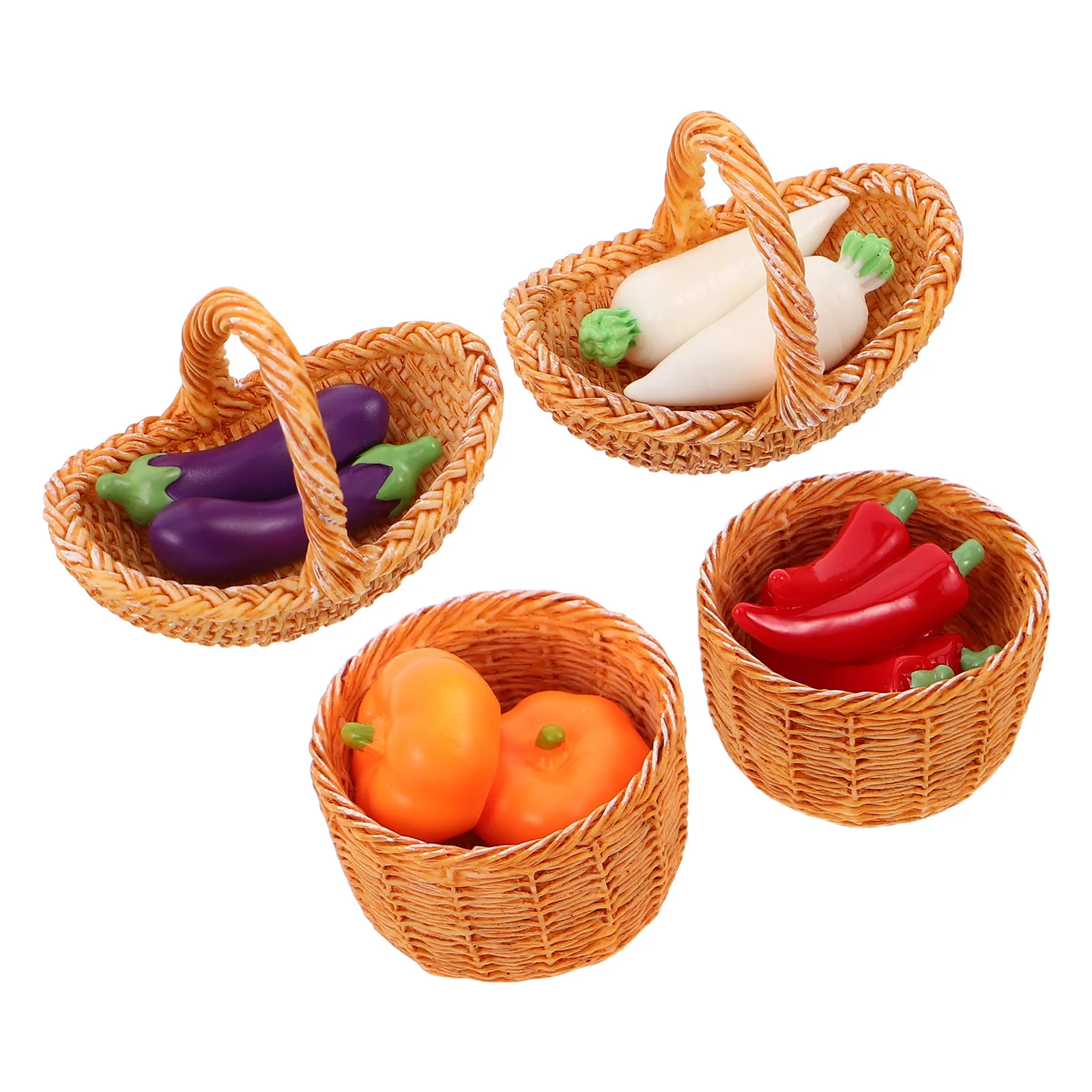 

Набор миниатюрных овощных корзинок: реалистичные мини-тыква, баклажан, редис, перец. Декор для миниатюрной кухни, DIY, для кукольного домика, для рынка.