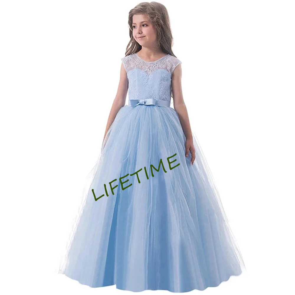 Tulle Lace Scoop Flower Girl Dresses Kids Aline Lace Appliques Girl Party Dress Kids Satin Bow Princess Communion Dresses