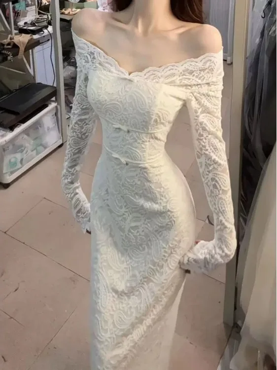 

Ele Pure Desire Long Sve V-Ne Lace Wrap Bodycon Split Dr Women's Winter Faion Classy A-Line Midi Dr