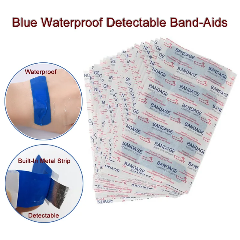 100Pcs Blue Detectable Elastic Wound Adhesive Plaster Waterproof Medical Band-Aid First Aid Kits For Hotel Restaurant Chef