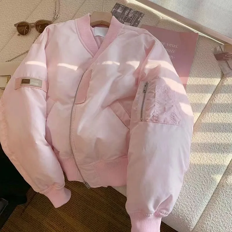 

2025 New Pink Stand Collar Baseball Jackets Autumn Winter Thicked Warm Jackets Fashion Sweet Long Sleeve Tops Mujer Parkas