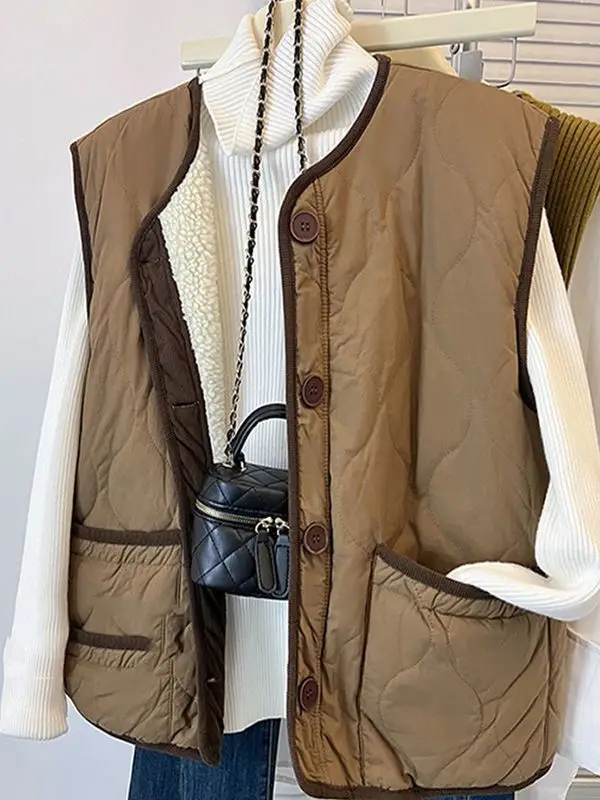 

Sli ular Color Blo Embroidered Cotton round Ne Lamb Fur Vest Thiened Svel Outerwear Women's Faion