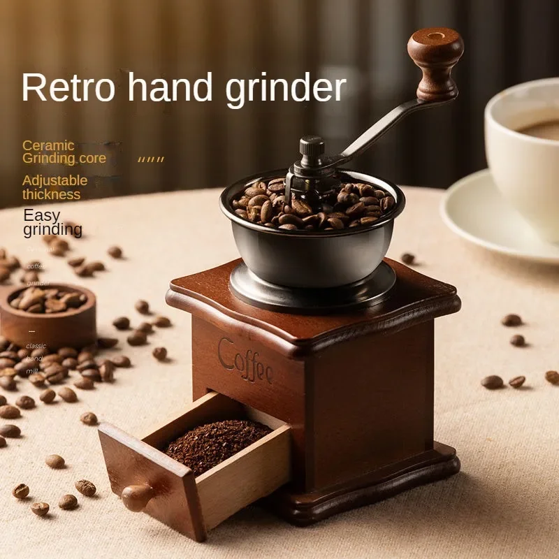 Coffee Bean Grinder Hand crank Portable Coarse and fine adjustable Wooden Powder Bin Multifunctional grinder for home use