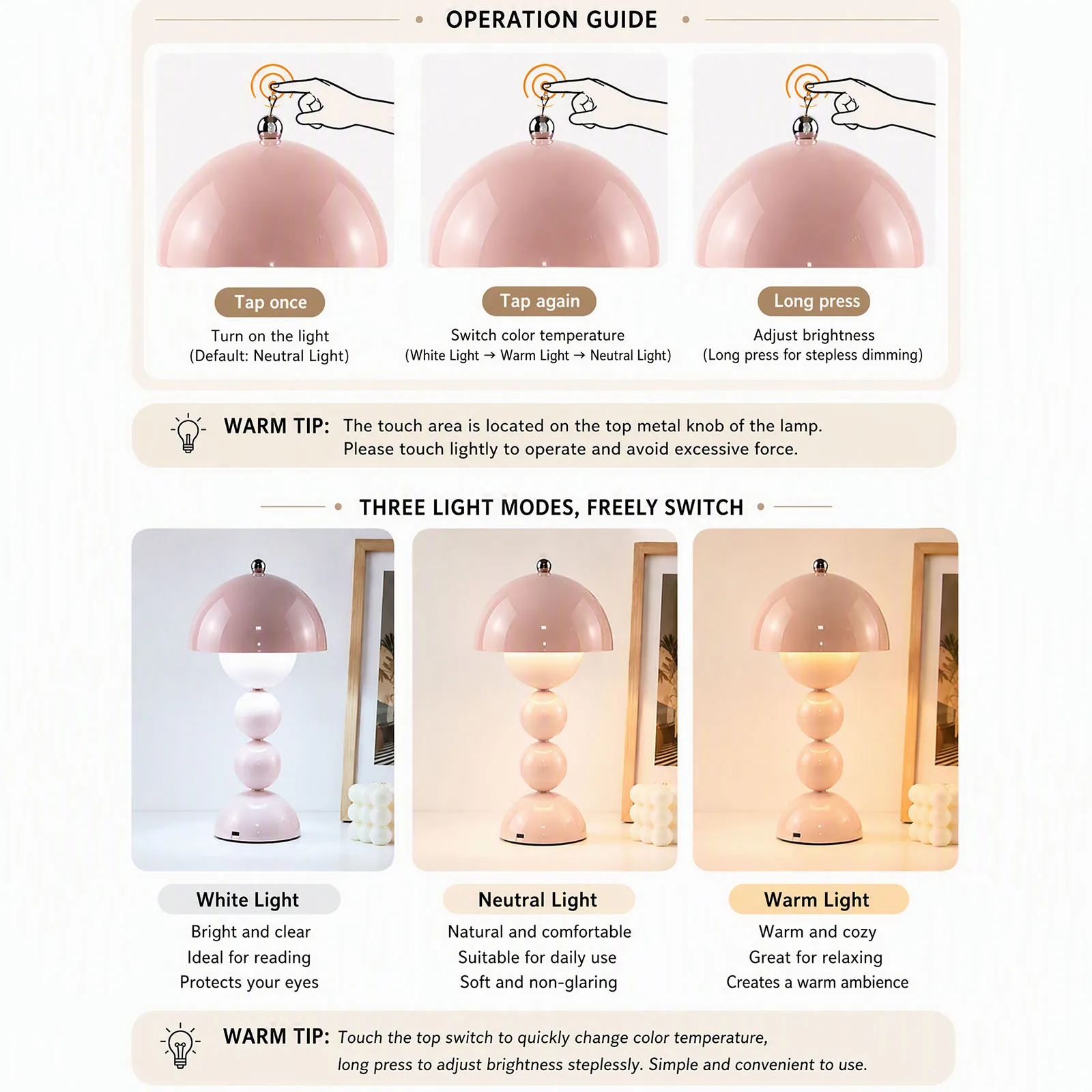 USB Mushroom Bud LED Table Lamp 3 Color Modes Warm White Neutral Bedroom Desk Night Light Atmosphere Decor view 5