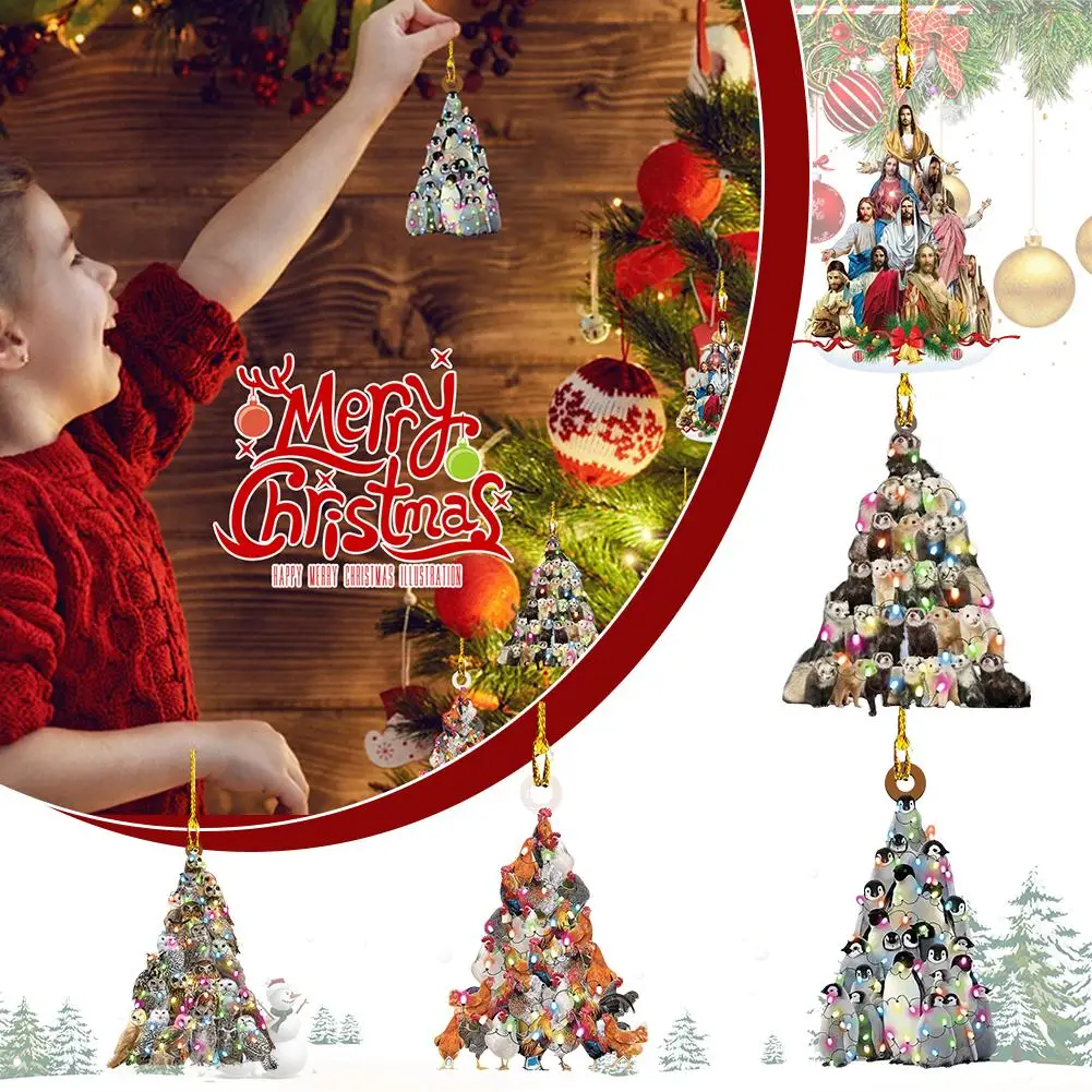 Árvore de natal pendurado ornamento forma de árvore decoração acrílica 2d animais planos empilhados pingente para festas decoração de casa do carro y8m0