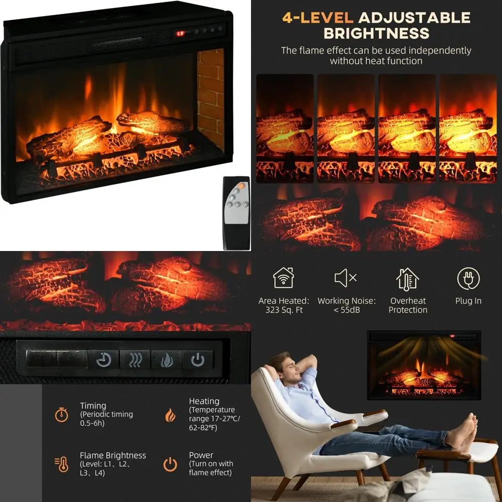 

27 Electric Fireplace Insert, Vintage Style Recessed Heater with Real Logs and Flame, Remote & Adjustable Brightness