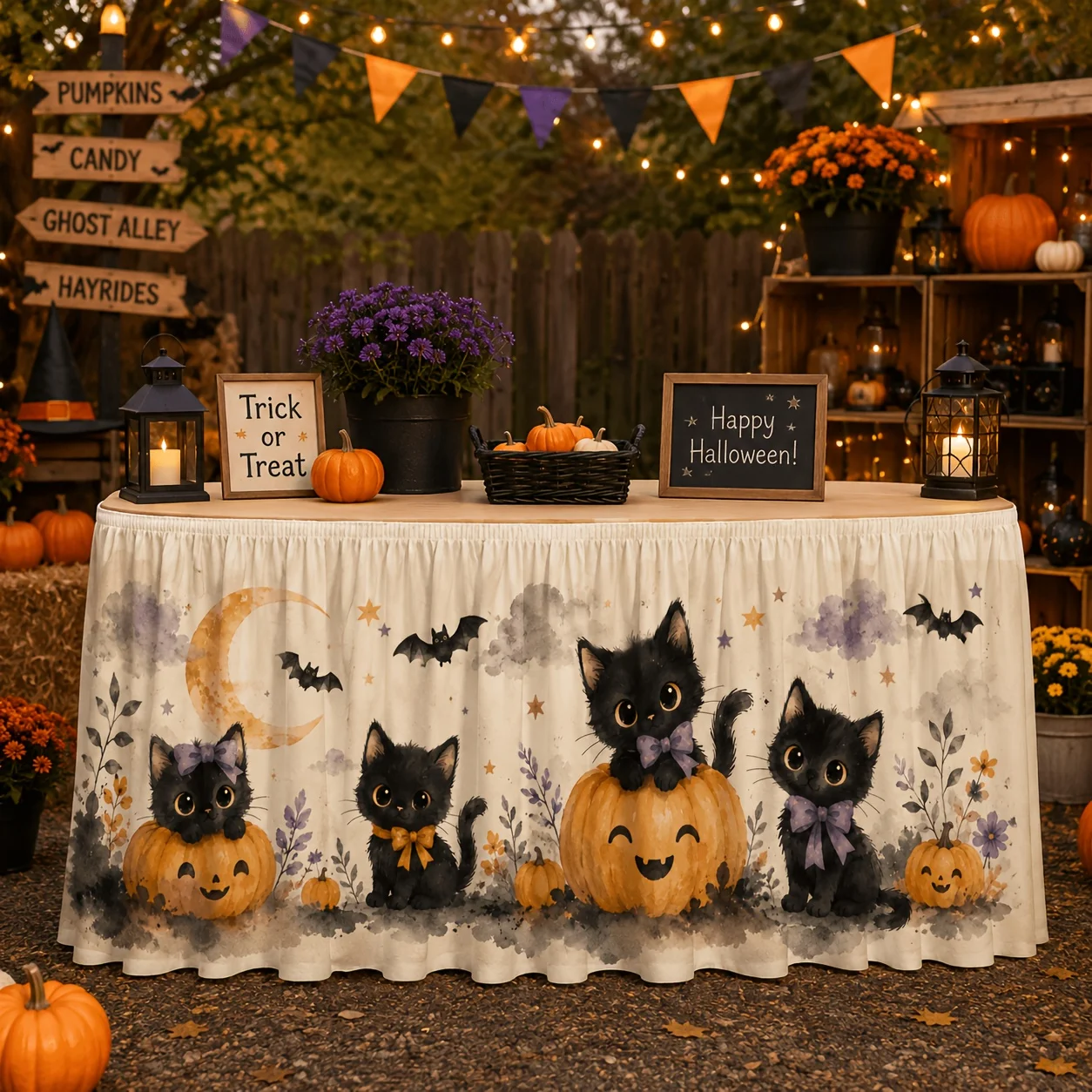 1 tablecloth table skirt, cream background watercolor Halloween table skirt with black cat, bow, jack lamp, pumpkin