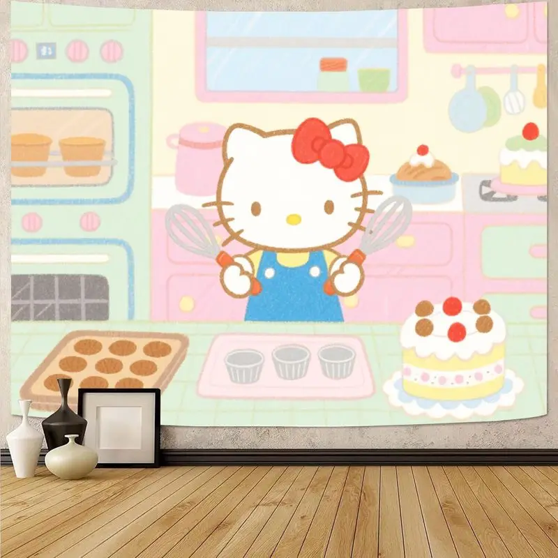 

1PC Sanrio Hello Kitty Baking Kitchen Tapestry, Kawaii Pastel Wall Art for Girls Bedroom Living Room Decor, Polyester Gift