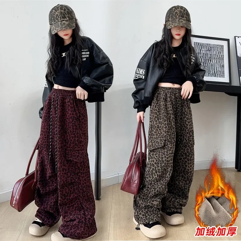 

Girls' Velvet Leopard Print Overalls Winter 2024 New Children's Trendy Cool Foreign Style Thickened Street Hip-hop Trousers