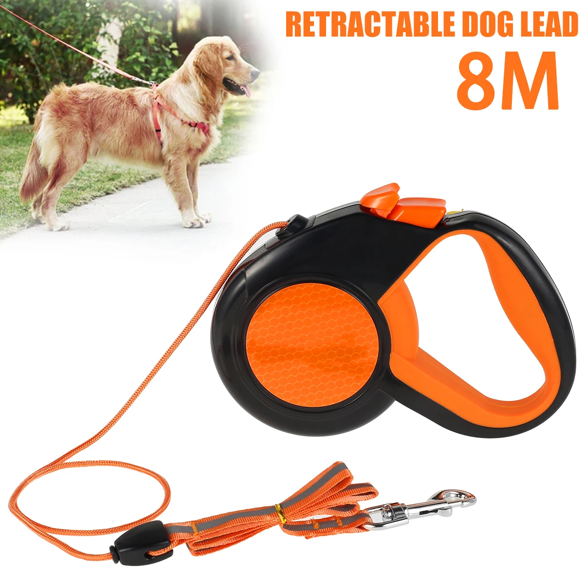 8M Retractable Dog Lead Heavy Duty Leash with Reflective Tape & Non-Slip Handle for All Dog Sizes