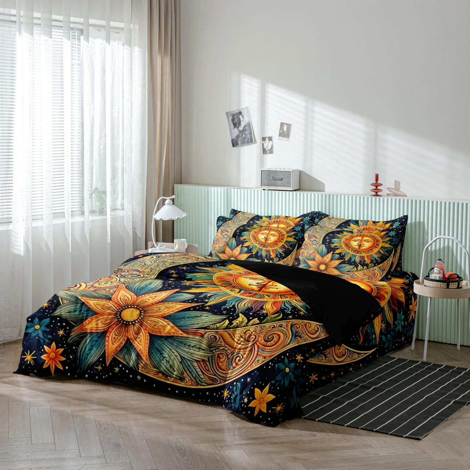 Blue Starry Celestial Sun Moon Face Floral Print 3Pcs Duvet Cover Set, Vintage Bohemia Sun God Moon Flower Star Print Bedding