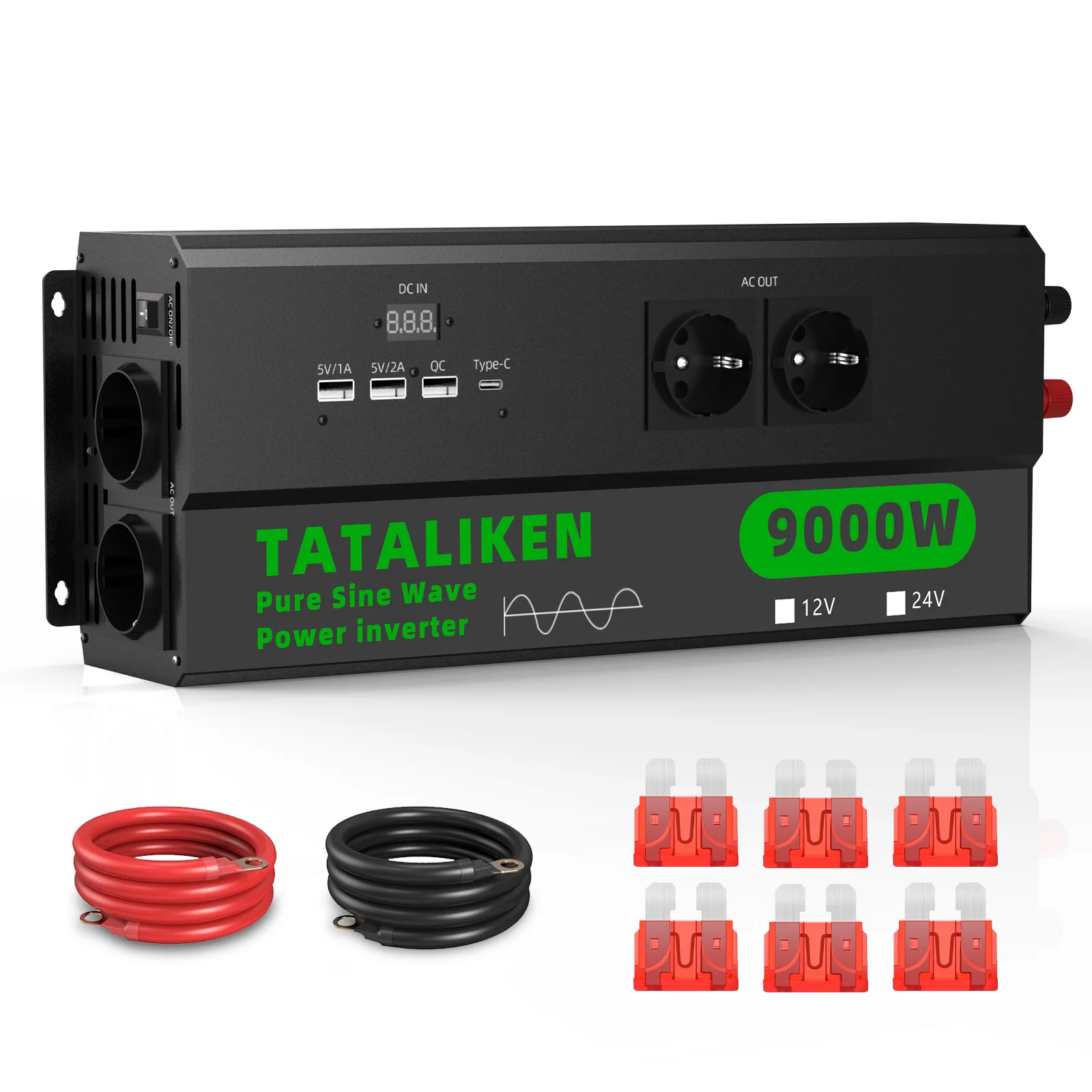 5000W Hochleistungs-Reiner-Sinus-Wechselrichter DC zu AC 220V 50Hz, 4 EU-Steckdosen, Digitales LCD-Display, Thermostatgesteuerter Lüfter für LKW